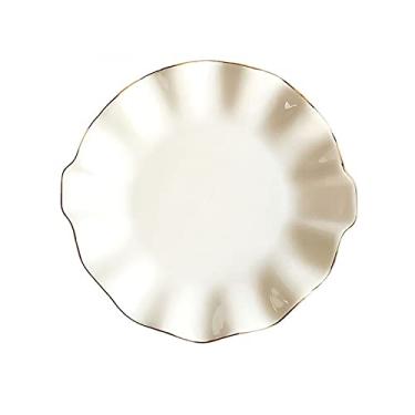 Imagem de Prato de serviço 20 cm em forma de flor, borda dourada, prato de cerâmica, nórdico, floral, branco, porcelana, prato de jantar, sopa, salada, sobremesa, pratos, talheres (cor: C)