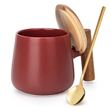 Imagem de GOOD ALWAYS Caneca de café de cerâmica de 400 ml com tampa e colher de café para latte, caneca de cappuccino, caneca de cacau, caneca de chá, presentes de aniversário para mulheres, 1 pacote (vermelho