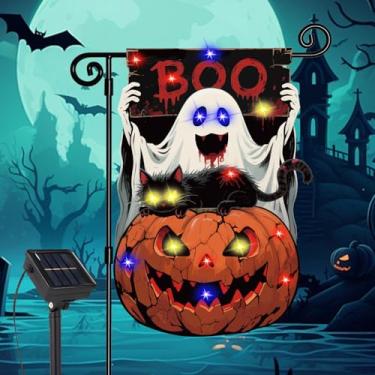 Imagem de Coneatness Bandeira de jardim de Halloween iluminada movida a energia solar 30,5 x 45,7 cm, decoração de gato preto fantasma assustador, decoração de jardim externo