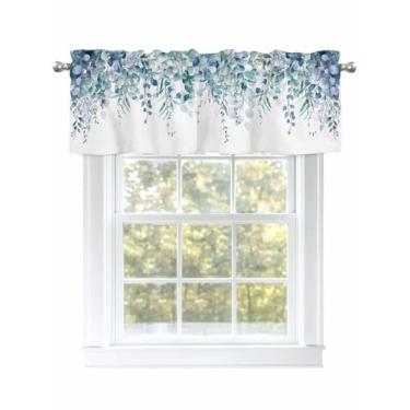 Imagem de Cortinas de saia botânica azul-petróleo com folhas de eucalipto para janelas de sala/banheiro, cortina de café com bolso de haste. 1 painel, 137 cm × 46 cm, branca