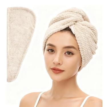 Imagem de Toalha de cabelo de microfibra para mulheres, turbante de cabelo de secagem rápida anti-frizz para todos os estilos de cabelo, absorvente e leve, cáqui
