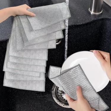 Imagem de 10 peças em fio de arranhão pano de prato panos de lavar louça panos laváveis panos de limpeza esfregão de aço para pias (pacote com 10)