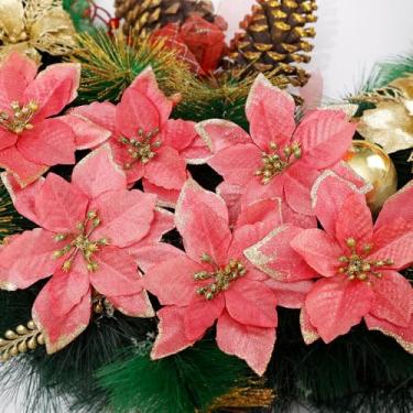 Imagem de 10 peças de poinsétia com glitter artificial de Natal, flores falsas, guirlanda de árvore de Natal, enfeite faça você mesmo, festa festiva, decoração de casa, rosa vermelha