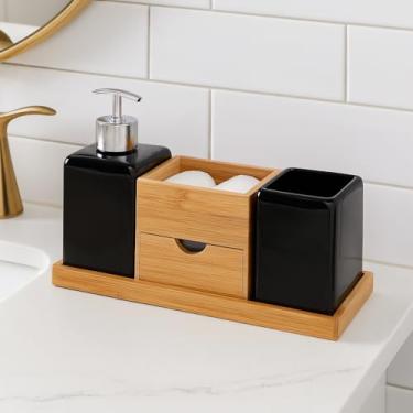 Imagem de Kit Banheiro Lavabo 3 Peças Porcelana e Bambu com Saboneteira Dispenser Porta Escova Elegante e Decorativo