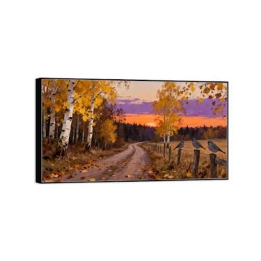 Imagem de Imagem de paisagem de parede de outono - árvore pássaros de estrada - impressões em tela vintage - pintura de moldura preta para sala de estar decoração de casa de fazenda 70 x 125 cm 27 x 49 pol