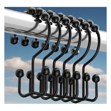 Imagem de Anéis de ganchos de cortina de chuveiro, anéis de metal resistente à ferrugem, ganchos de chuveiro deslizantes duplos para cortinas de varões de chuveiro de banheiro, conjunto de 12 ganchos - preto