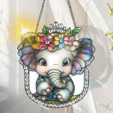Imagem de Protetor solar de acrílico colorido, decoração de janela suspensa de elefante com design de vitral impresso, apanhador de sol, arte de parede de arco-íris, ornamentos de Natal para uso interno e