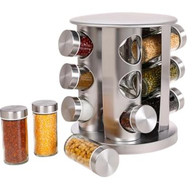 Imagem de Porta Temperos Varios Tamanhos Condimento Cozinha Inox Com Caneta Etiquetas Suporte Giratorio(12 REDONDO)