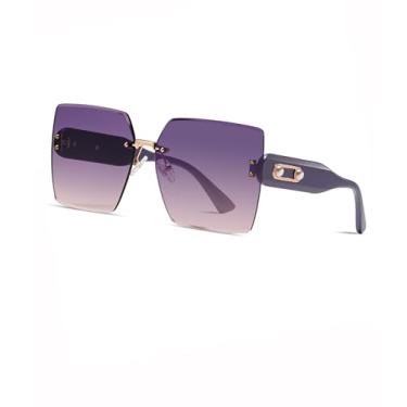 Imagem de Óculos de sol grandes femininos sem aro quadrado grande borboleta óculos de sol bonitos femininos óculos de sol moda tons férias SY6126, Armação roxa | Lente rosa-roxa, Large