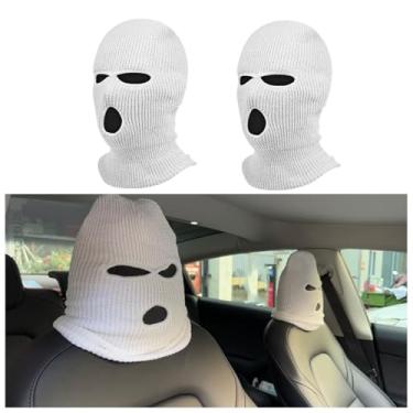 Imagem de 2 peças de capa de encosto de cabeça de carro, máscara de rosto inteira de assento de carro engraçada, proteção de máscara de esqui para decoração de descanso de assento dianteiro automotivo (branca)