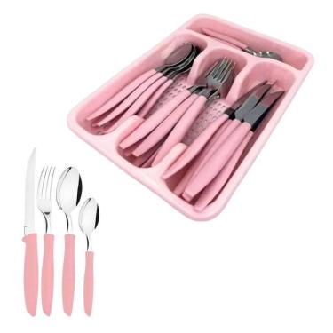 Imagem de Conjunto De Talheres Rosa 24 Peças Porta Talher Com Divisão