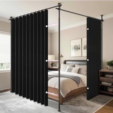 Imagem de AJAZZ Cortina divisória de ambiente (2 painéis, preto, L 259 x C 236 cm) + haste de cortina de tensão sem perfuração (A) 103-120 × (L) 183-508 cm, para privacidade/cortinas à prova de som, separador
