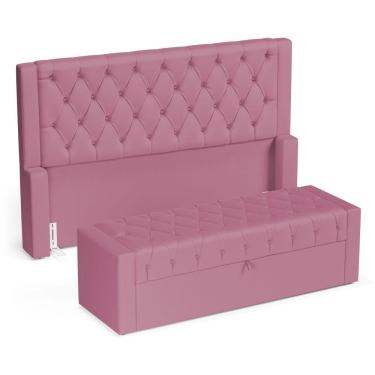 Imagem de Cabeceira E Calçadeira Báu Queen Size Atena 160cm Capitonê Suede Rosa - Desk Design