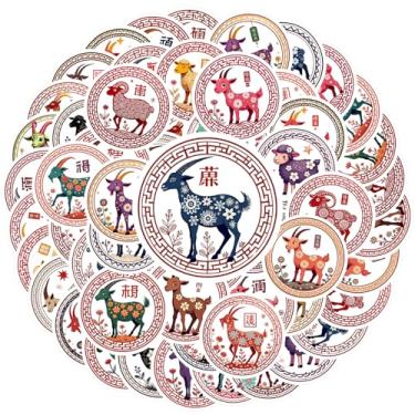 Imagem de 35 peças Zodíaco Cultura Chinesa Cabra Fortuna Adesivos de Brinquedo Zodíaco Cabra Fortuna Chinês Vintage Adesivo de PVC para Laptop Motocicleta Bagagem Telefone Notebook Bagagem Celular Copo