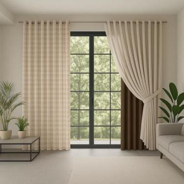 Imagem de Cortina Blackout Tecido com Voal Xadrez Corta Luz 6m Quarto - Feffo Co