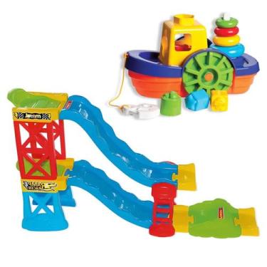 Imagem de Kit Brinquedo Barco Encaixar + Pista Corrida com 2 Carrinhos Auto 28 P