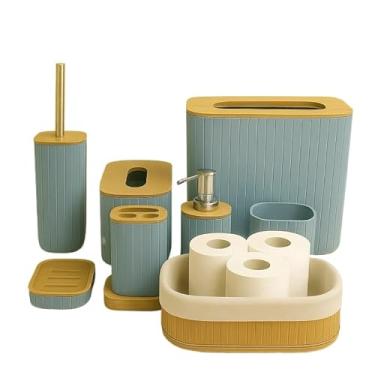 Imagem de Kit Banheiro Luxo 7 Peças em Bambu – Lixeira, Porta Escova, Dispenser e Acessórios para Lavabo(7 Peças Compl. Cinza + Cesta G)