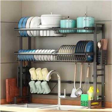 Imagem de JYXYXSCP Escorredor de louça sobre pia, prateleira expansível, rack de armazenamento de cozinha, rack de drenagem de bancada de cozinha (preto 62 ~ 97 cm) (preto 62 ~ 97 cm)
