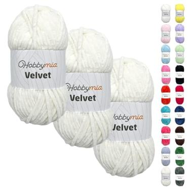 Imagem de HobbyMia Veludo - fio de chenille para crochê - 100 g / 132 jardas - (6) super volumoso - fio fofo para crochê - cobertor de bebê, amigurumi, xale (branco - off-white, 3 novelos)