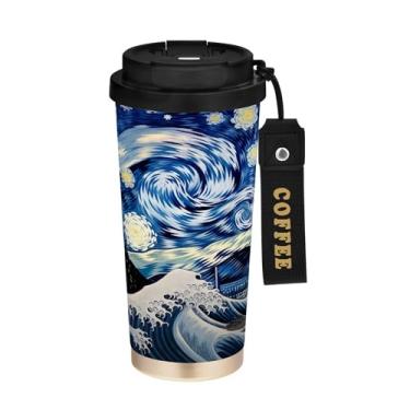 Imagem de SEHANY Caneca de café Starry Starry Night Travel de 500 ml com revestimento de cerâmica e tampa à prova de vazamento, parede dupla, isolada a vácuo, copo de aço inoxidável para bebidas quentes e frias