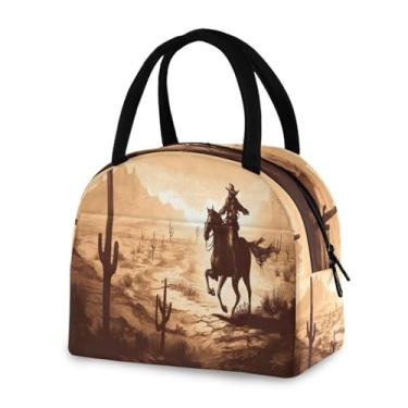 Imagem de Blueangle Lancheira isolada à prova de vazamento - Bolsa de almoço reutilizável com design de caubói do oeste americano, recipiente compacto para alimentos para escritório, viagens e atividades ao ar