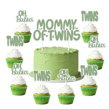 Imagem de 25Pcs Green Twins Cake Toppers Set, Mommy Of Twins & Oh Babies Cupcake Picks, Gender Neutral Baby Shower Dessert Decorations, Paper Twin Celebration Supplies