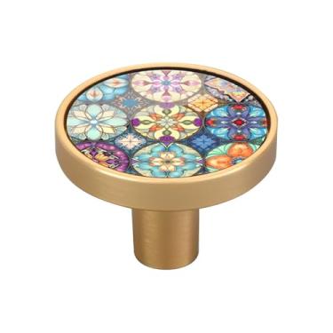 Imagem de Blueangle Pacote com 4 puxadores de armário de azulejos têxteis orientais coloridos 3 cm puxadores redondos de gaveta para cômoda e armários de cozinha (433)