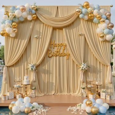 Imagem de Cortina de fundo bege de 9 x 4,3 m para festas, 6 painéis, sem vincos, 3,5 m de comprimento, pano de fundo fotográfico de poliéster para casamento, aniversário, reunião