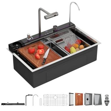 Imagem de Lordear Pia de cozinha embutida 33 com torneira em cascata, pias de cozinha inteligentes 83 x 48 cm, montagem superior de aço inoxidável, calibre 16, tigela única, pia de cozinha