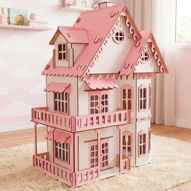 Imagem de Casinha Boneca Rosa Branco Miniatura MDF Polly Barbie 78cm