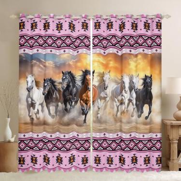 Imagem de jejeloiu Cortinas de janela de cavalo rosa (2 painéis, 42 x 63 polegadas) Cavalo galopante 30%-50% cortinas blackout tratamentos de janela selvagem ocidental asteca rústica sudoeste cortinas de casa