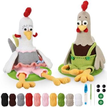 Imagem de Vicenpal Kit de crochê para iniciantes com 40% fio extra, conjunto DIY de galo animal e galinha amigurumi, presentes de Natal e aniversário para adultos, homens e mulheres, conjunto completo de
