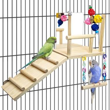Imagem de BNOSDM Brinquedo de periquito de madeira com plataforma de poleiro 5 em 1 com espelho, escada de escalada, acessórios de gaiola de pássaros para papagaios, periquitos, conures, calopsitas, periquitos
