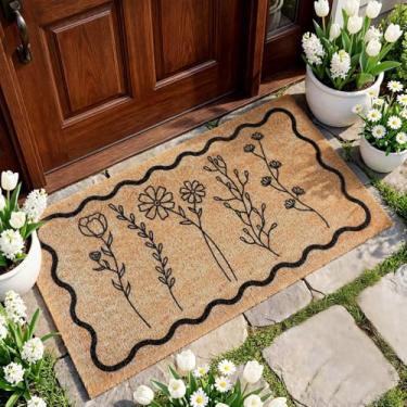 Imagem de Dunzy Tapete de flores silvestres flores silvestres bem-vindas, imitação de coco, tapete para porta da frente, antiderrapante, tapete decorativo para entrada interna e externa de casa