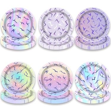 Imagem de OU RUI 60 peças de pratos de festa de demônios roxos descartáveis arco-íris design gradiente pratos de papel para festa de aniversário de demônio roxo meninos meninas caçadores suprimentos temáticos