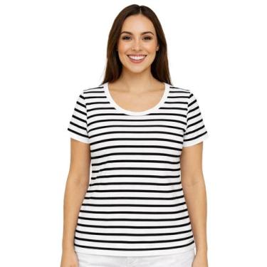 Imagem de Camiseta Feminina Manga Curta Listrada Preta e Branca - Calupa, GG