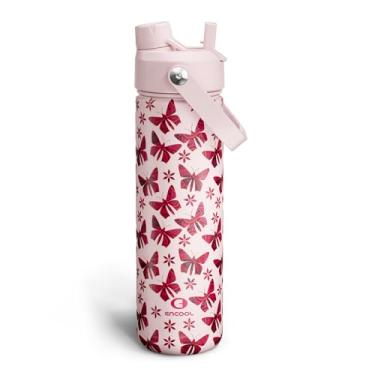 Imagem de ENCOOL Garrafa de água isolada com canudo de aço inoxidável, à prova de vazamento, livre de BPA, vácuo de parede dupla mantém frio por 24 horas para esportes, viagens, escola (740 ml, borboleta pétala