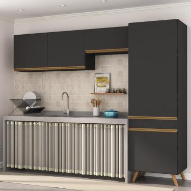 Imagem de Armário Cozinha Modulada Compacta 252cm 3 Peças Retrô Veneza Multimóveis Mp2301 Preto-Dourado