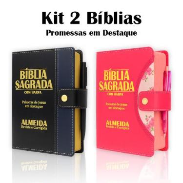 Imagem de Kit 2 Bíblias Letra Grande Botão - Pink e Preto/Azul e Harpa - REI DAS