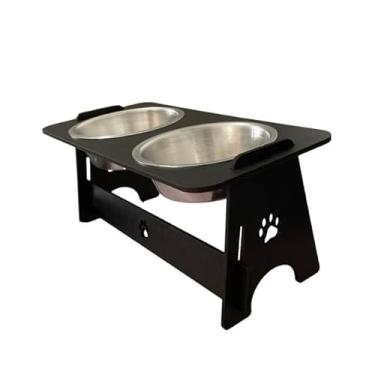 Imagem de Comedouro Pet Duplo MDF Pintado com 2 Tigelas aluminio 300ml | Suporte Elevado Cães e Gatos(preto pote aluminio)