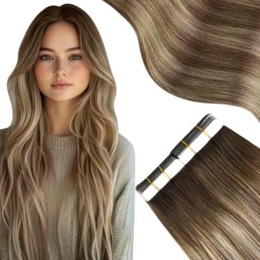 Imagem de Moresoo Extensões de cabelo humano com fita adesiva #4/6/613 marrom ombré platinado loiro com cabelo remy liso castanho castanho, sedoso, extensões de cabelo humano real, invisível, espesso, 20 peças