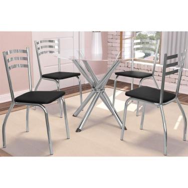 Imagem de Sala De Jantar Volga Com Tampo De Vidro 95cm E 4 Cadeiras Portugal Cromada Preto