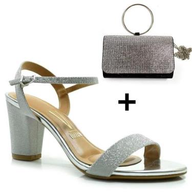 Imagem de Kit Sandália Salto Bloco Prata Vizzano e Bolsa Preta Festa, Prata, 36