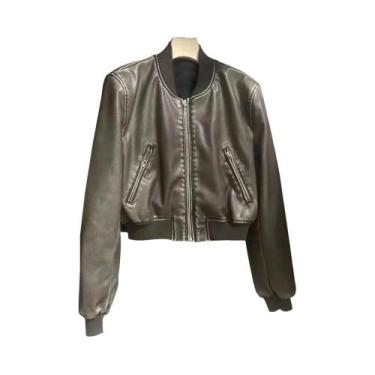 Imagem de 2025 novo casaco bomber de imitação de couro vintage feminino estilo f