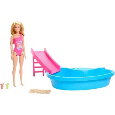 Imagem de Conjunto de Brinquedo Barbie Estate Piscina Glam com Boneca Loira e Escorregador Rosa Mattel