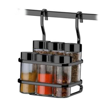 Imagem de Suporte Porta Tempero Condimento 6 Potes De Barra Cozinha Onix Preto -