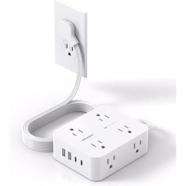 Imagem de Faixa de alimentação com protetor de picos de tensão, cabo de extensão com múltiplas tomadas, tomada plana ultra fina de 5 pés, 8 tomadas, 4 portas USB (2USB C), extensor de tomada múltipla