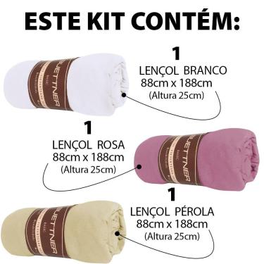 Imagem de Kit 3 Lençol Solteiro Avulso de Malha 100% Algodão com Elástico Buettner BRANCO PEROLA ROSA