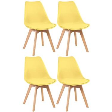 Imagem de Loft7, Conjunto Kit 4 Cadeiras Leda Com Assento Estofado, Encosto De Polipropileno E Pés De Madeira Natural, Elegante Sala De Jantar Cozinha Bar Varanda Gourmet, Amarelo