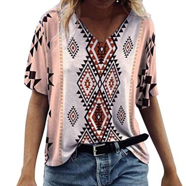 Imagem de Camisas ocidentais para mulheres com estampa solta asteca vintage étnica tribal geométrica Camisetas gráficas Top Túnica Camisa de manga casual casual feminino C97-Bege XX-Large